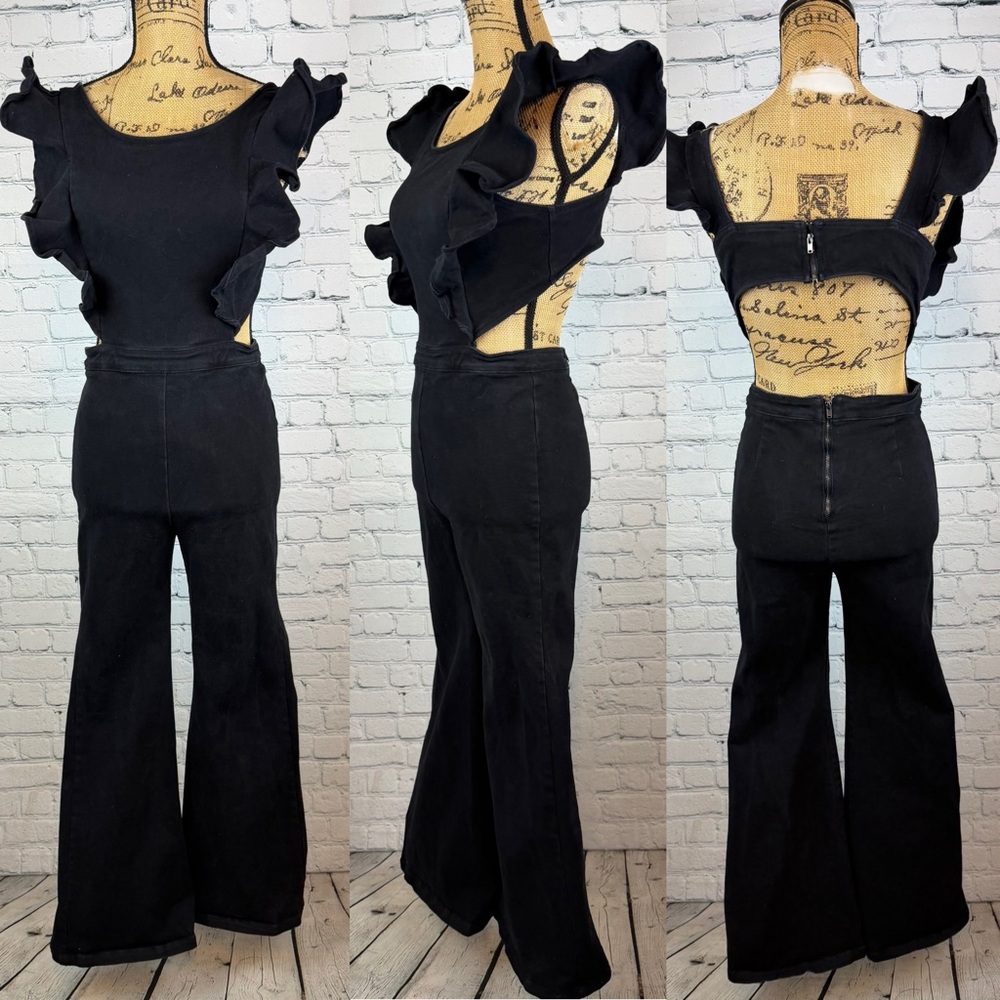 Fashion Nova Black Ruffled Front Open Back Bell Bottom Jumpsuit